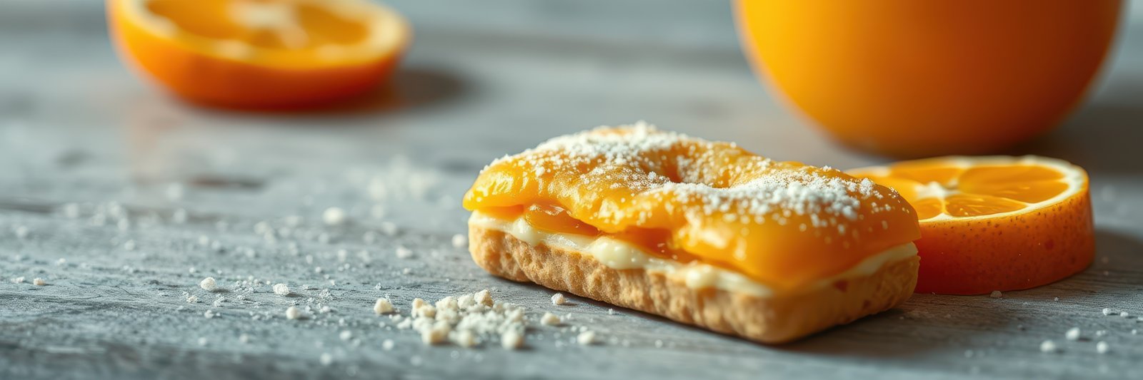 Delicious citrus dessert with orange slices placed on wooden table